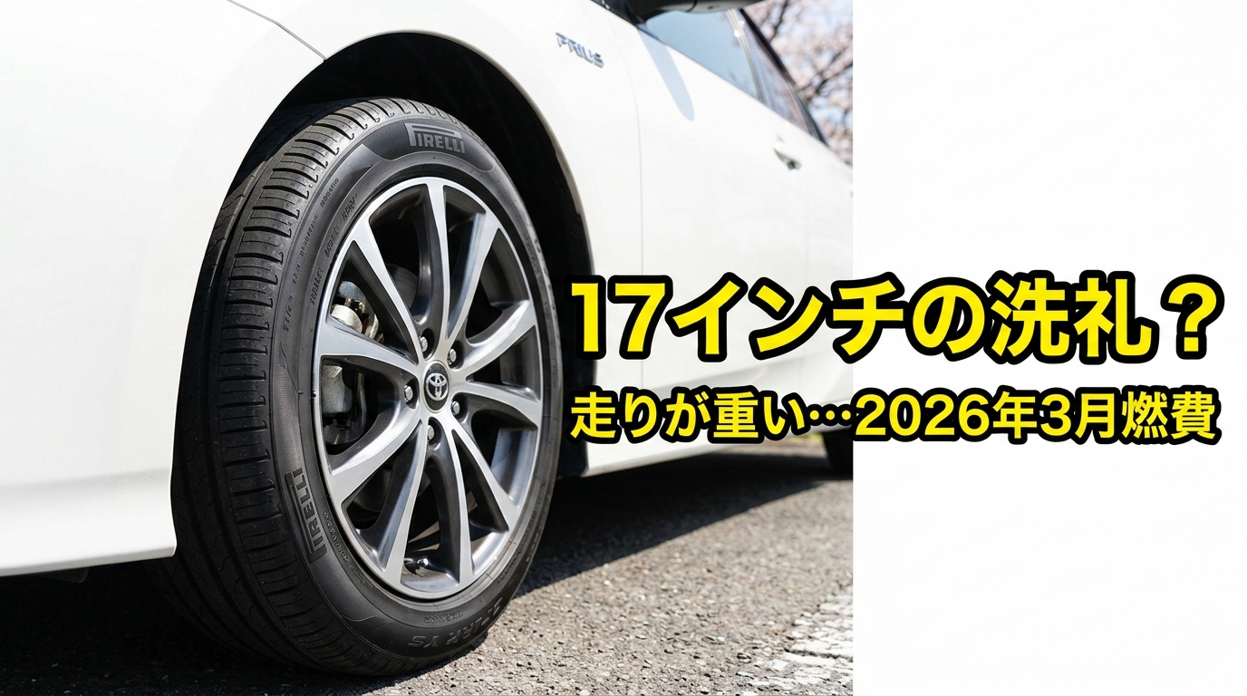新しい17インチタイヤを装着したプリウスの足回り。「17インチの洗礼？走りが重い…2026年3月燃費」の文字